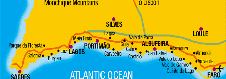 Map of the Algarve showing Guia near Albufeira