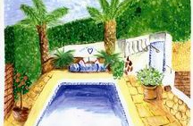 Painting of the pool side at Casa Romantica